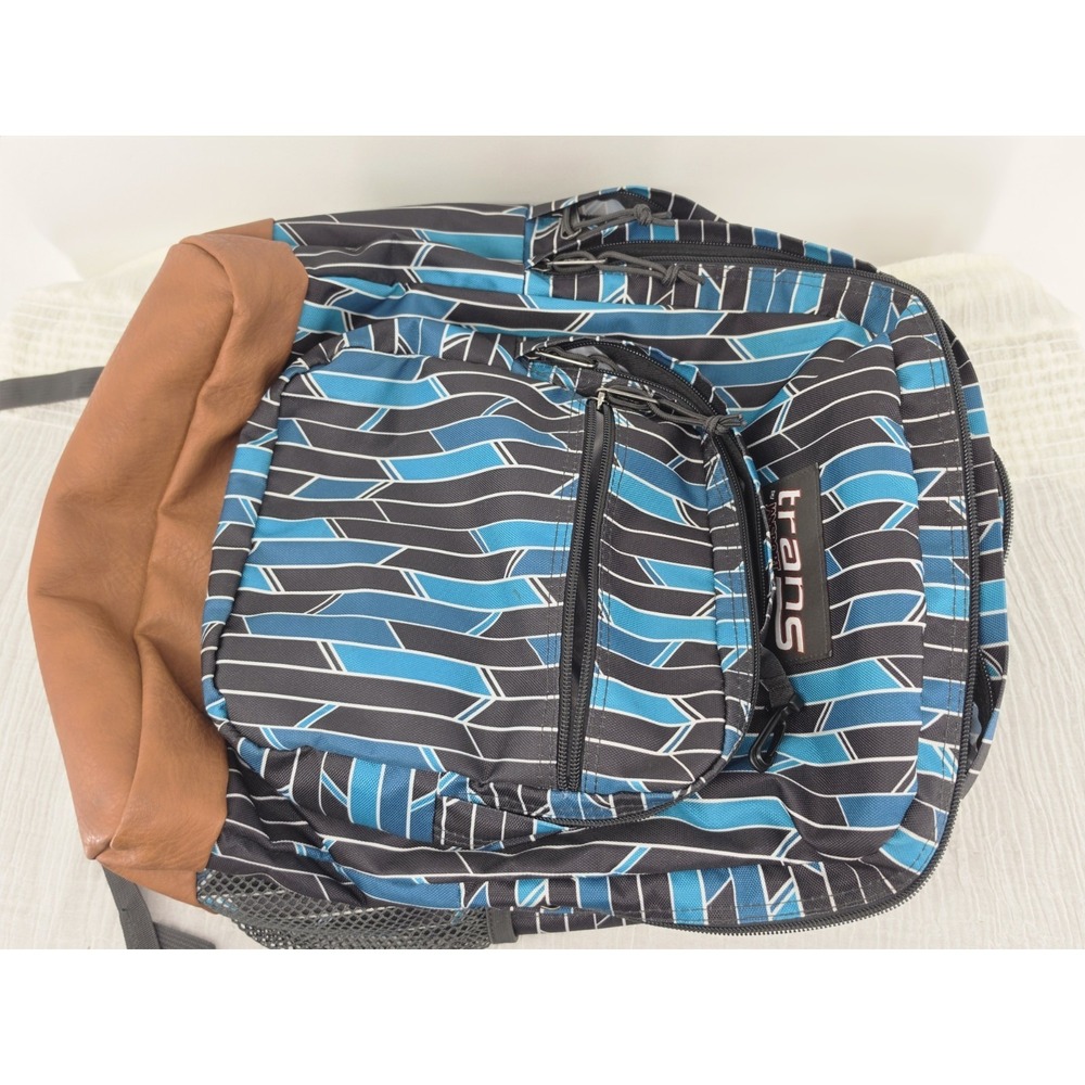 Trans by JanSport SuperMax Backpack Blue Chevron Geo Leather Bottom Bookbag